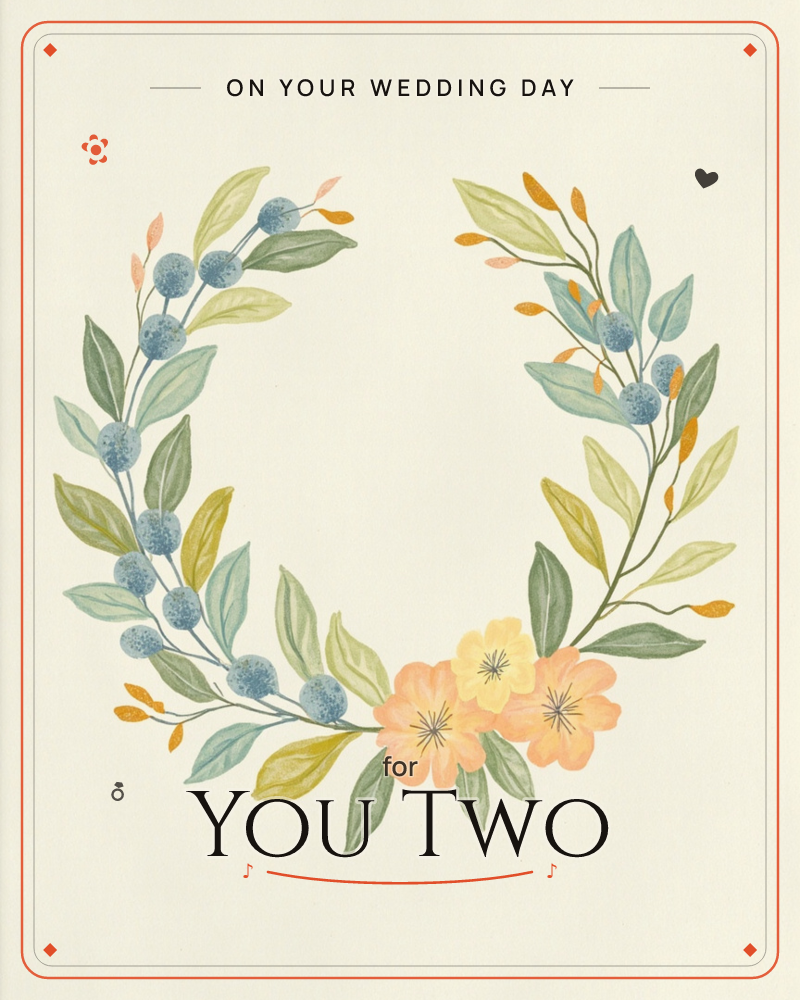 A soft watercolour wreath sits on a warm cream background, open at the bottom where three peachy blossoms cluster together, a wedding e-card design