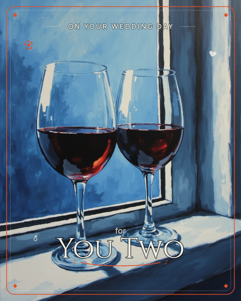 Two glasses of red wine sit side by side on a windowsill, painted light streaking across them from a shuttered window behind, a wedding e-card design