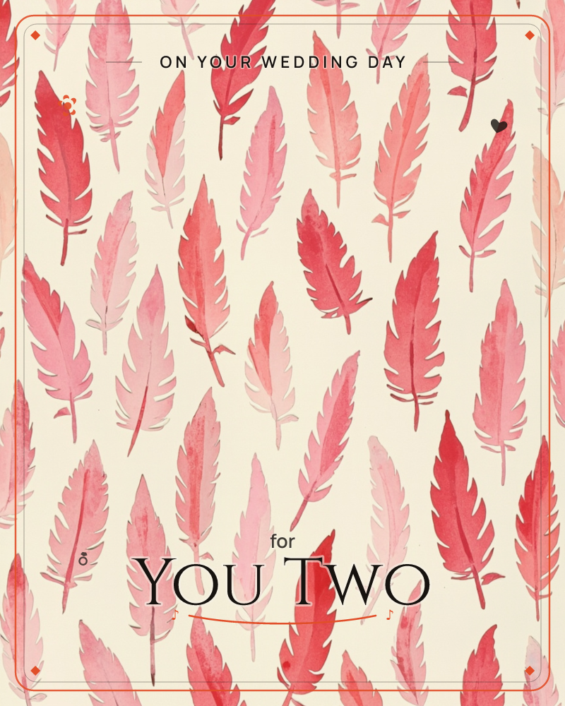 A repeating pattern of watercolour feathers in shades of pink, red, and coral scatters across a warm cream background, a wedding e-card design