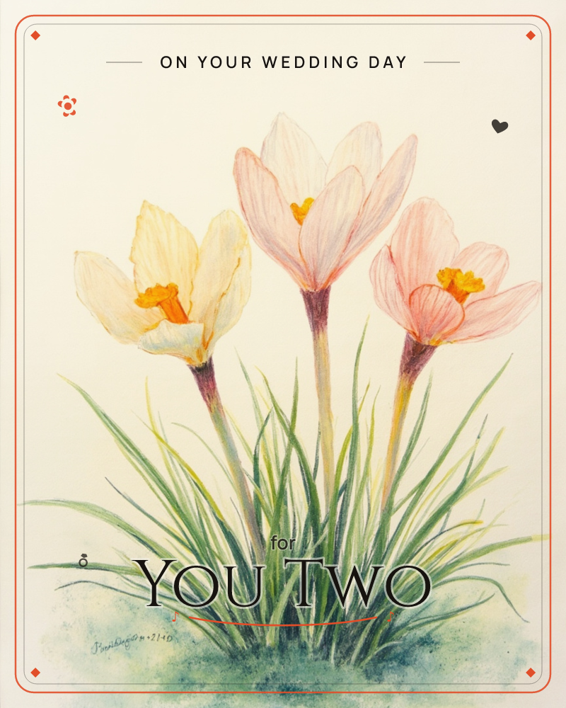 Three crocuses stand open in soft focus against a warm cream background, one buttery yellow flanked by two blushing pink blooms, their orange stamens…, a wedding e-card design