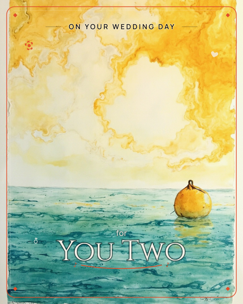 A single round yellow buoy bobs alone on a rippling teal-blue sea, beneath a sky washed in swirling gold and amber clouds, a wedding e-card design
