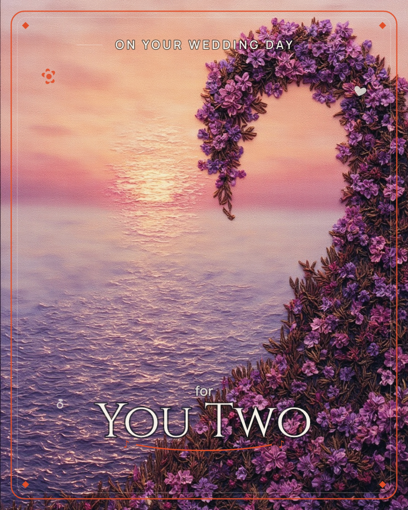 A curling wave along the right edge of the card is rendered entirely in clustered purple and violet blossoms, arching over a calm sunset sea, a wedding e-card design