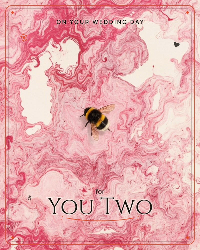 A single bumblebee, wings spread and rendered in crisp photographic detail, rests at the centre of a swirling marbled sea of pink and cream, a wedding e-card design
