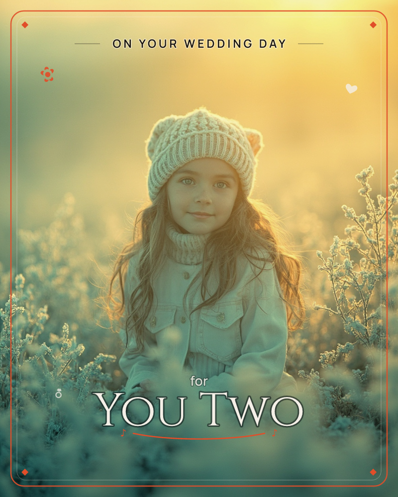 A young child in a knitted cat-eared hat and denim jacket sits amid frosted wildflowers, glowing golden light spilling in from behind, a wedding e-card design