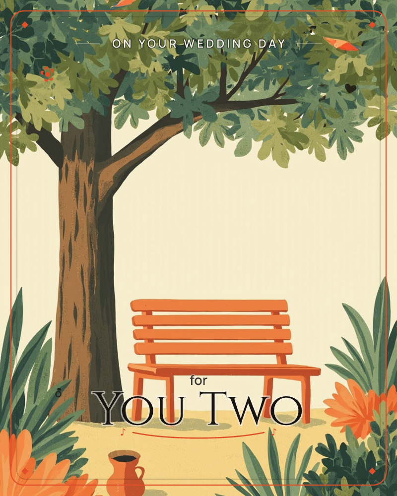 An empty orange bench sits beneath the spreading canopy of a large tree, its leaves rendered in layered shades of green with a few flashes of autumn…, a wedding e-card design