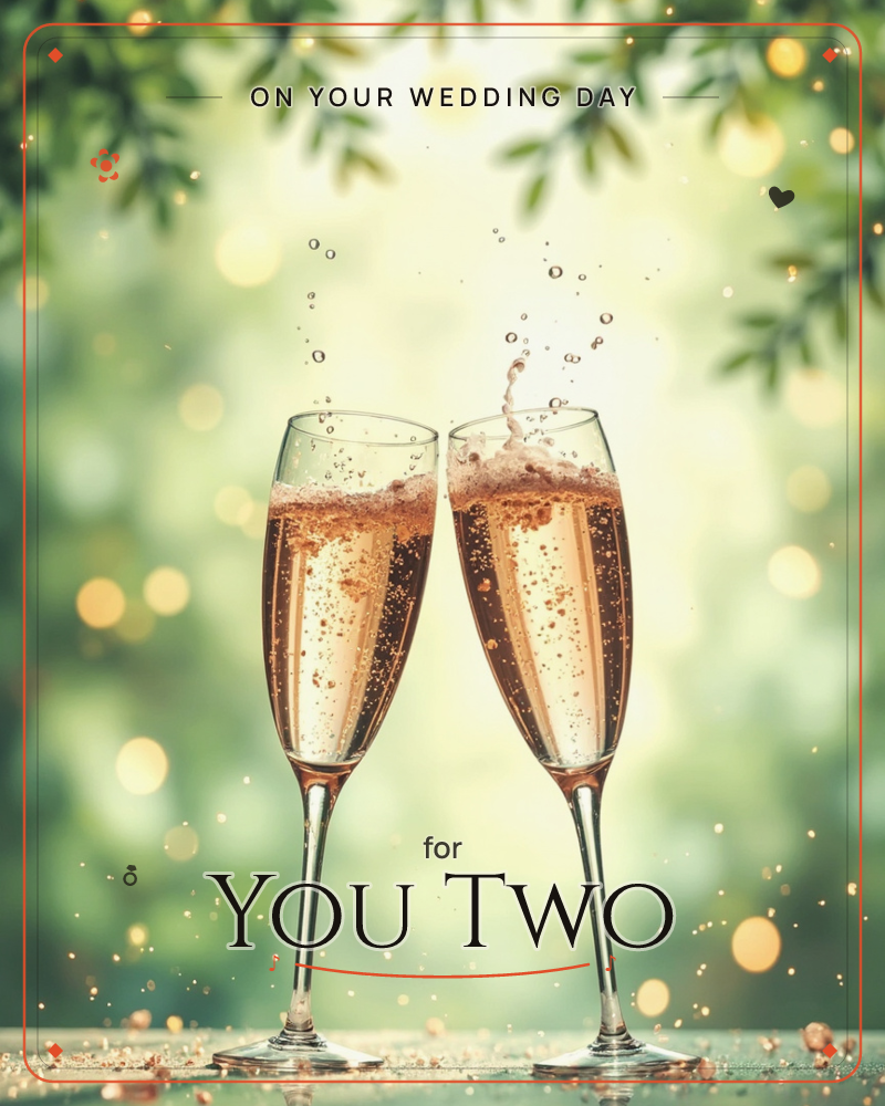 Two champagne flutes clink together mid-toast, bubbles fizzing and splashing over the rims, set against a dreamy green garden backdrop scattered with…, a wedding e-card design