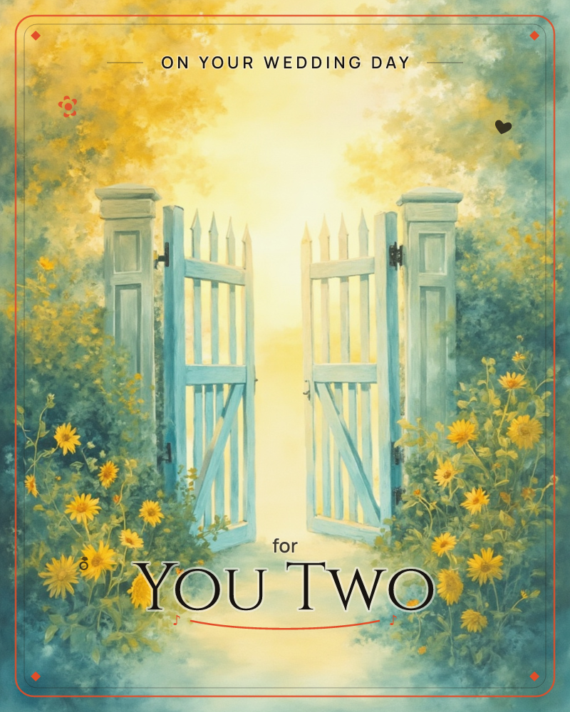 A pale blue picket gate stands open at the center of a glowing garden path, flanked by tall yellow daisies and soft green foliage, a wedding e-card design