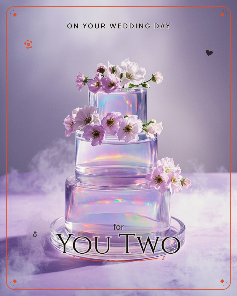 A three-tiered wedding cake made entirely of translucent glass stands wreathed in soft mist, its surfaces catching faint rainbow glints of light, a wedding e-card design