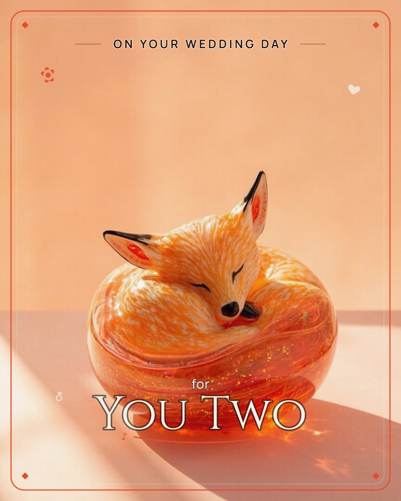 A glass ornament of a fox curled nose-to-tail sits on a peach-toned surface, its swirled amber and orange body catching sunlight from one side and…, a wedding e-card design