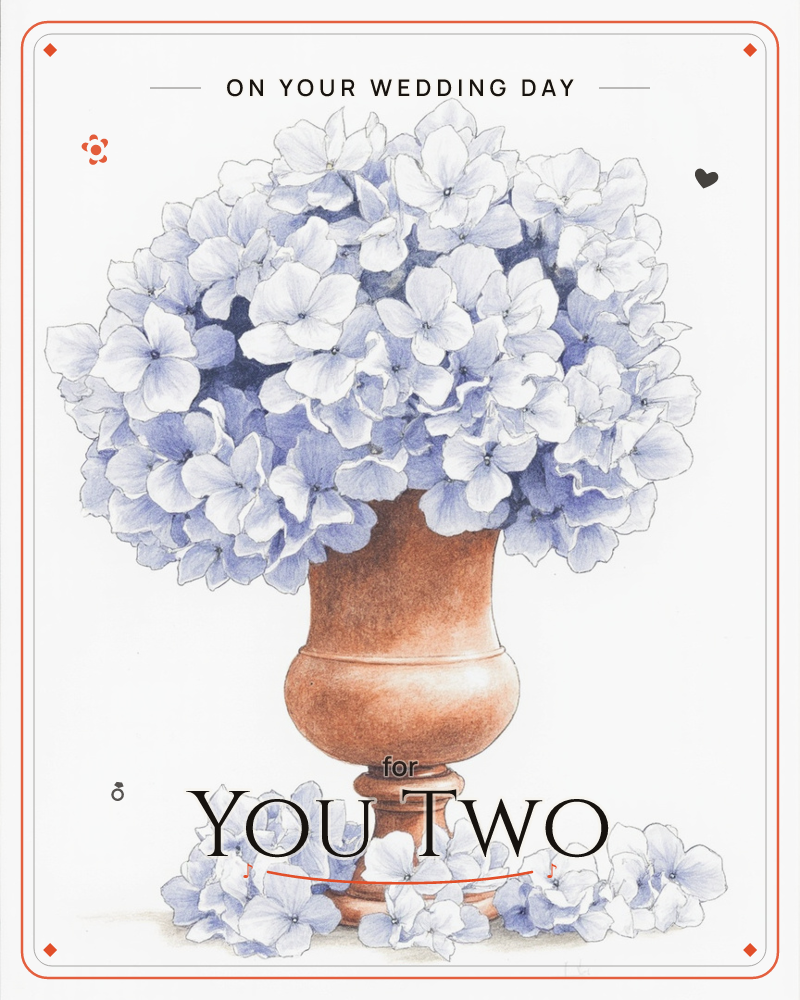 A terracotta urn holds a full, rounded bouquet of pale blue-white hydrangea blooms, their petals rendered in fine pen and ink detail, a wedding e-card design