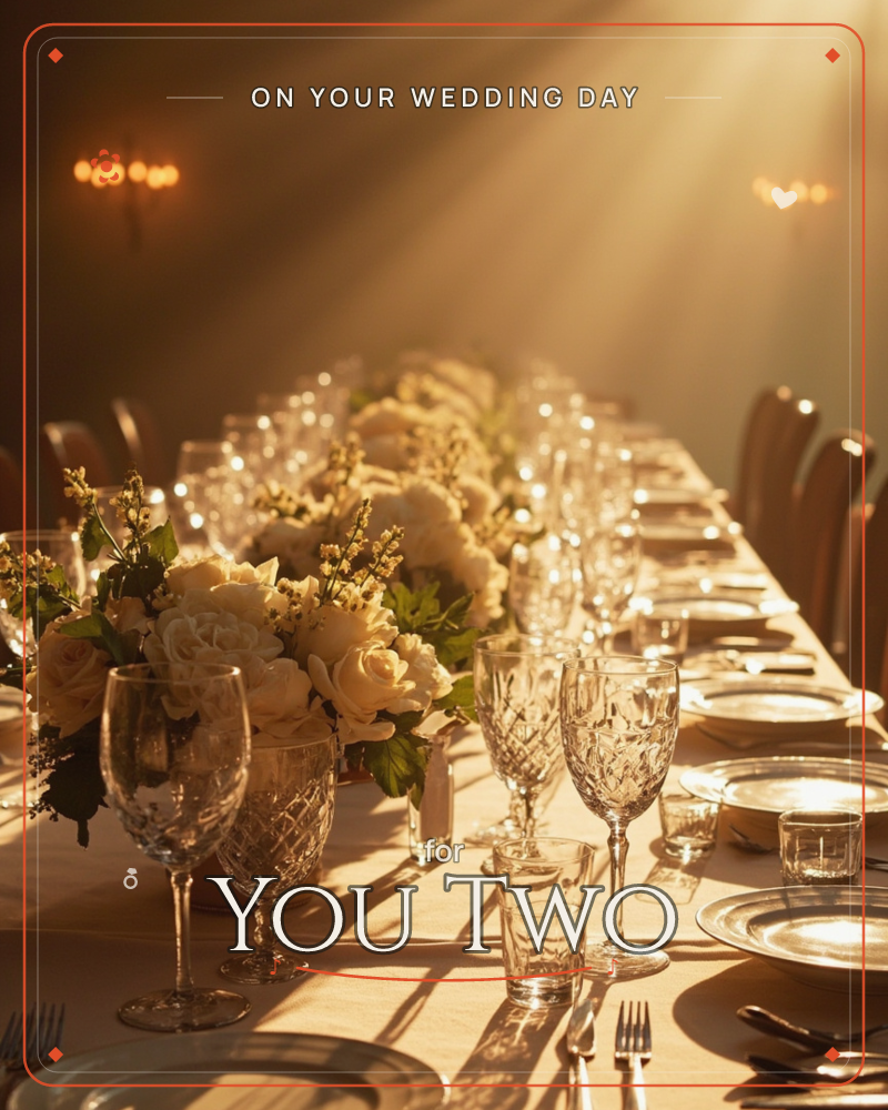 A long banquet table stretches into golden haze, set with cut-crystal glasses, gilt-edged plates and low arrangements of cream roses, a wedding e-card design