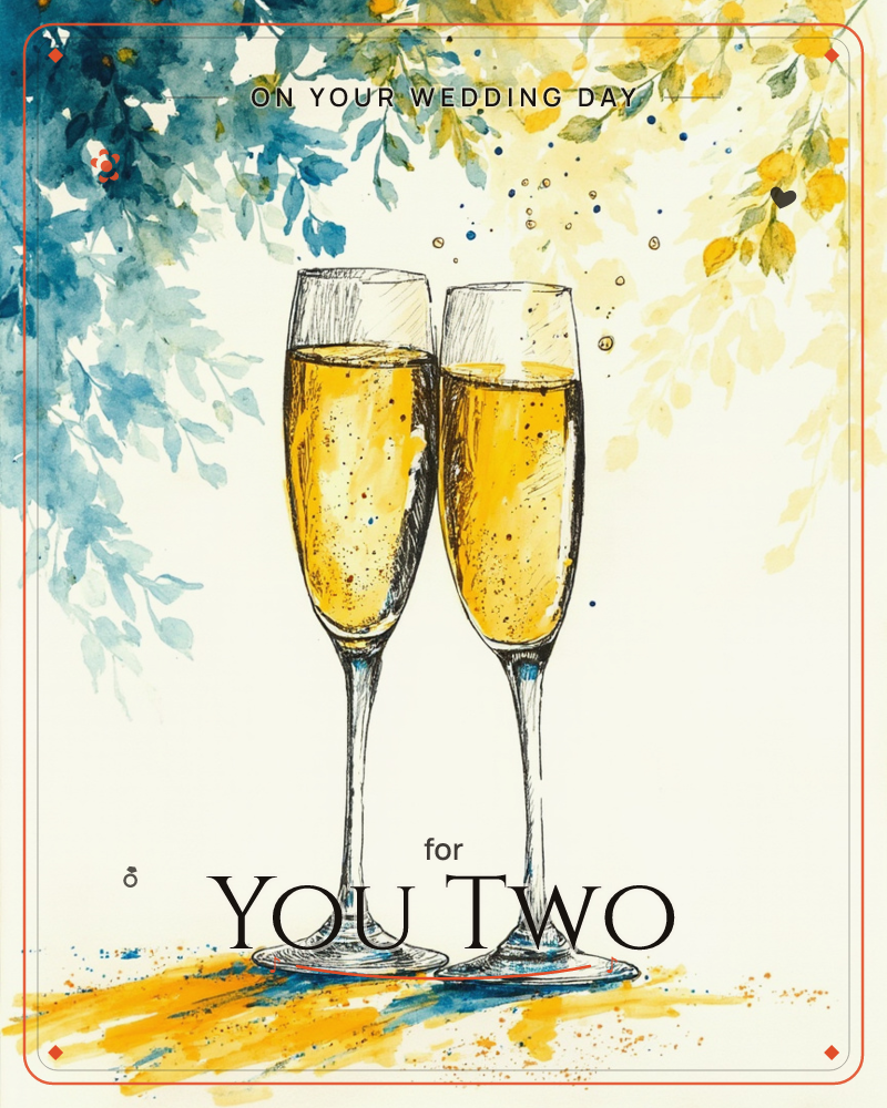 Two champagne flutes stand side by side, brimming with golden bubbly, rendered in fine pen linework washed over with watercolour, a wedding e-card design