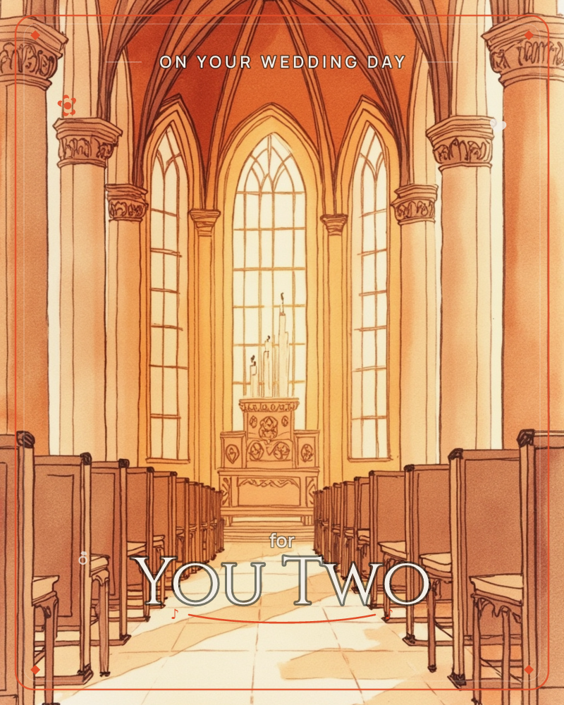 A hushed cathedral interior glows with warm amber light streaming through tall gothic windows behind the altar, a wedding e-card design