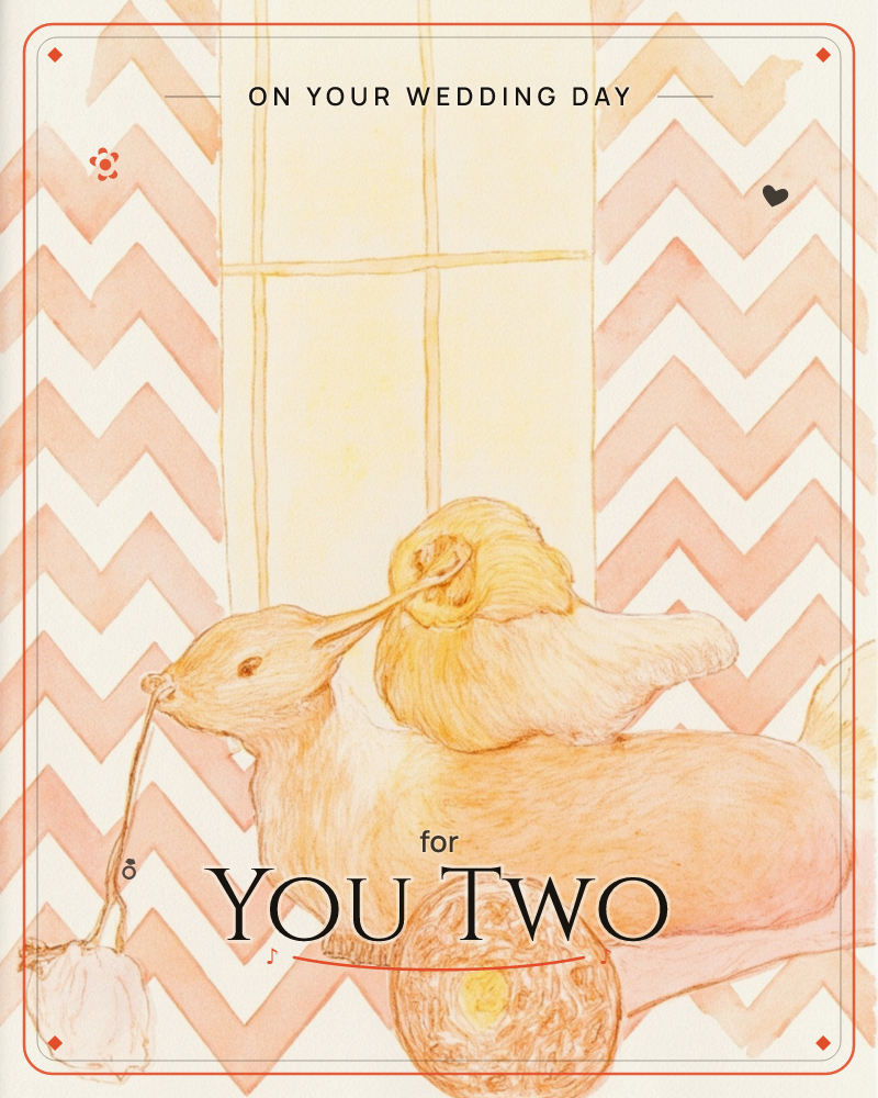 A watercolour and pencil illustration shows a whimsical wheeled toy fox carrying a wilted flower in its mouth, with a small yellow bird perched…, a wedding e-card design