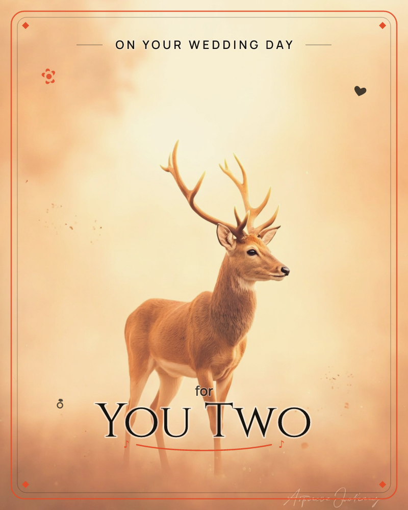 A stag with tall branching antlers stands in profile against a hazy, golden-lit backdrop, the whole scene washed in soft amber mist, a wedding e-card design