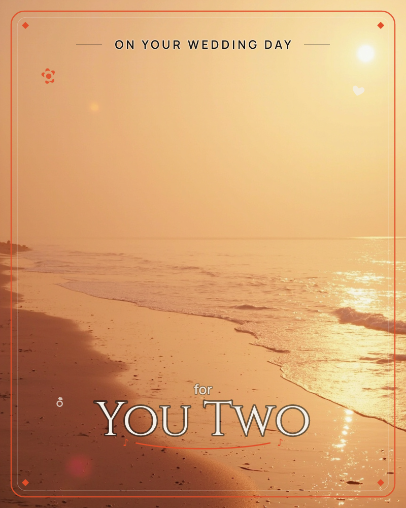 A hazy sun hangs low over a quiet shoreline, its light spreading gold across the water and wet sand, a wedding e-card design
