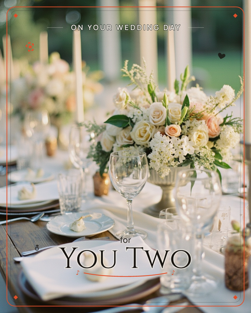 A long outdoor banquet table is set with white linens, wine glasses and tall tapered candles, running toward a row of pale columns in the soft evening…, a wedding e-card design