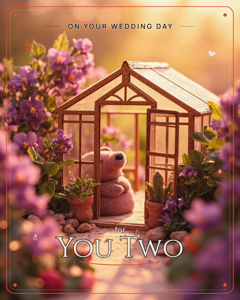 A small wooden greenhouse glows in golden evening light, its glass panes framing tiny potted plants and a plump teddy bear seated inside like a quiet…, a wedding e-card design