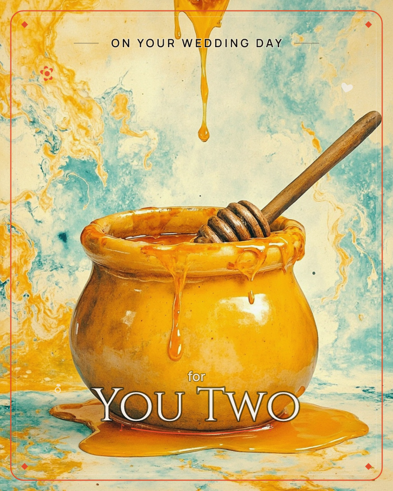 A round golden honey pot sits centre stage with a wooden dipper resting inside, honey dripping thickly down its sides and pooling underneath, a wedding e-card design