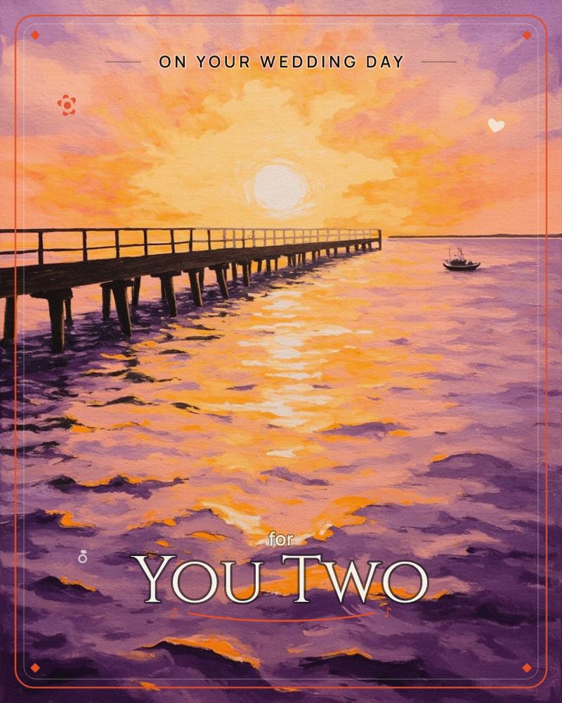 A long wooden pier stretches out into calm purple water toward a blazing orange sun sinking on the horizon, its glow rippling across the waves, a wedding e-card design
