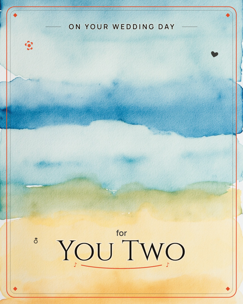 An abstract watercolour landscape built from horizontal bands of colour, moving from pale sky blue at the top down through deeper indigo, a soft…, a wedding e-card design