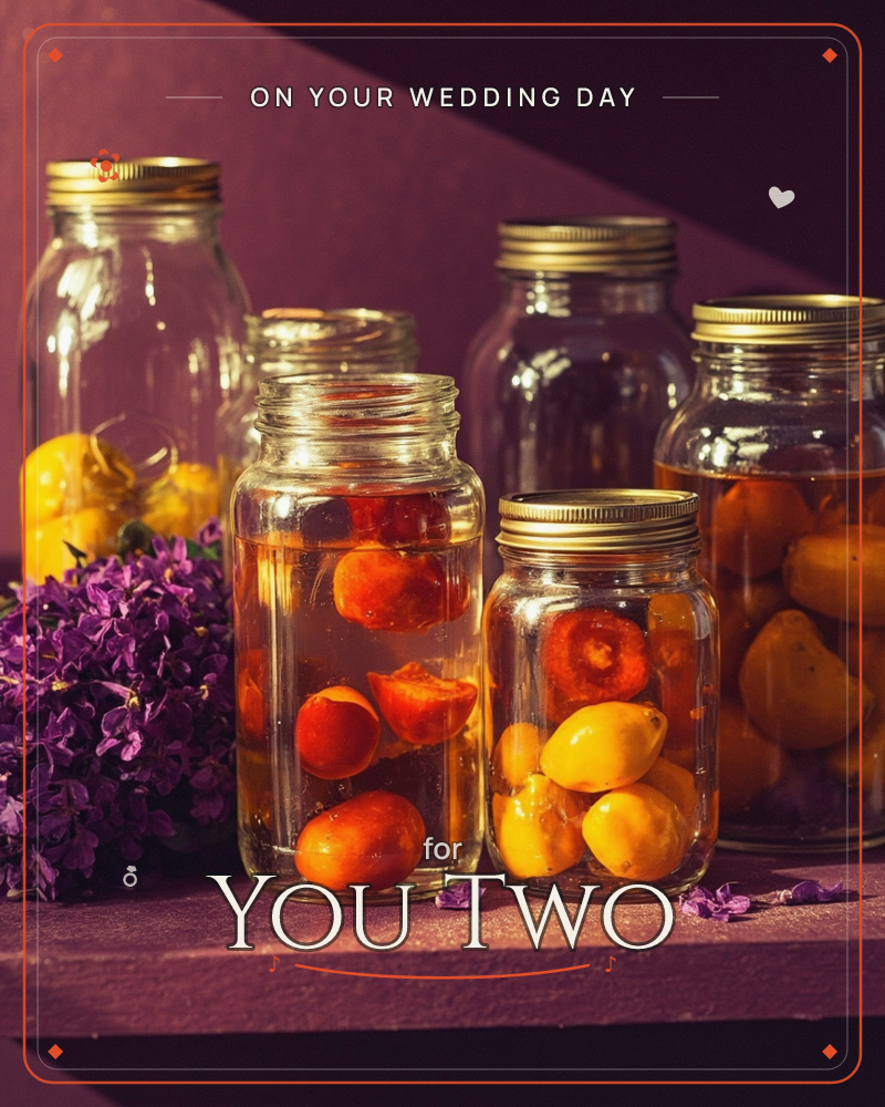 A row of glass jars filled with preserved tomatoes and yellow fruit sits on a dusky plum-coloured shelf, their gold lids catching a low, warm light, a wedding e-card design