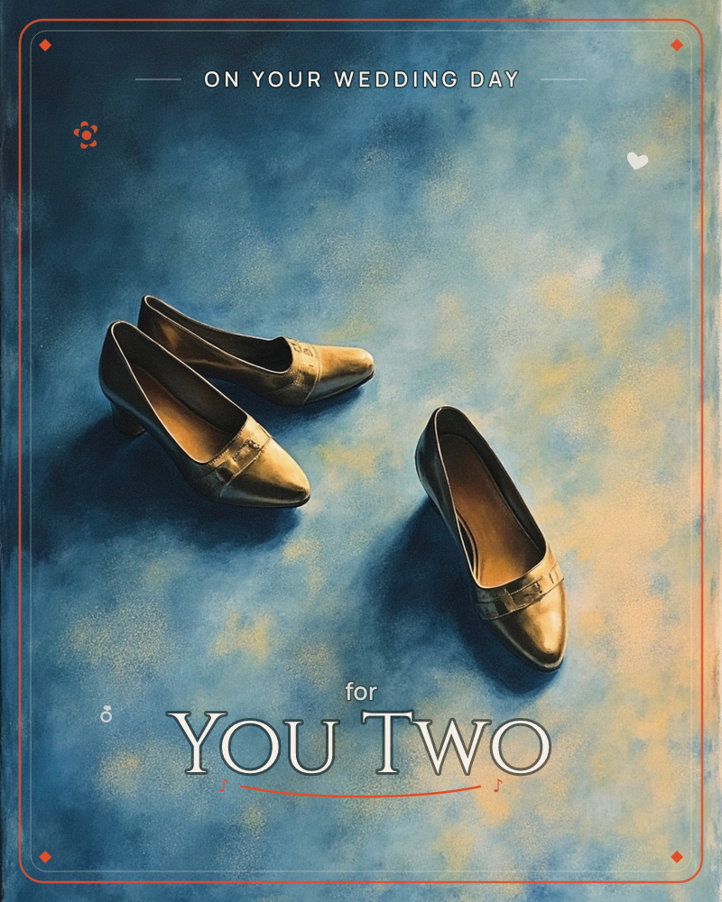 A pair of gold leather heels lies scattered on a mottled blue and amber backdrop, as if kicked off in a hurry, a wedding e-card design