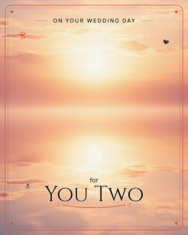 A glowing sun hangs low over still water, its light diffusing into soft peach and rose haze across the sky, a wedding e-card design