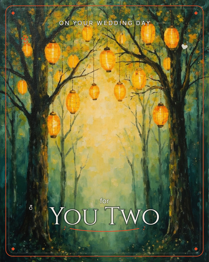 Glowing paper lanterns hang from two dark, arching trees, forming a lit archway into a hazy green forest, a wedding e-card design