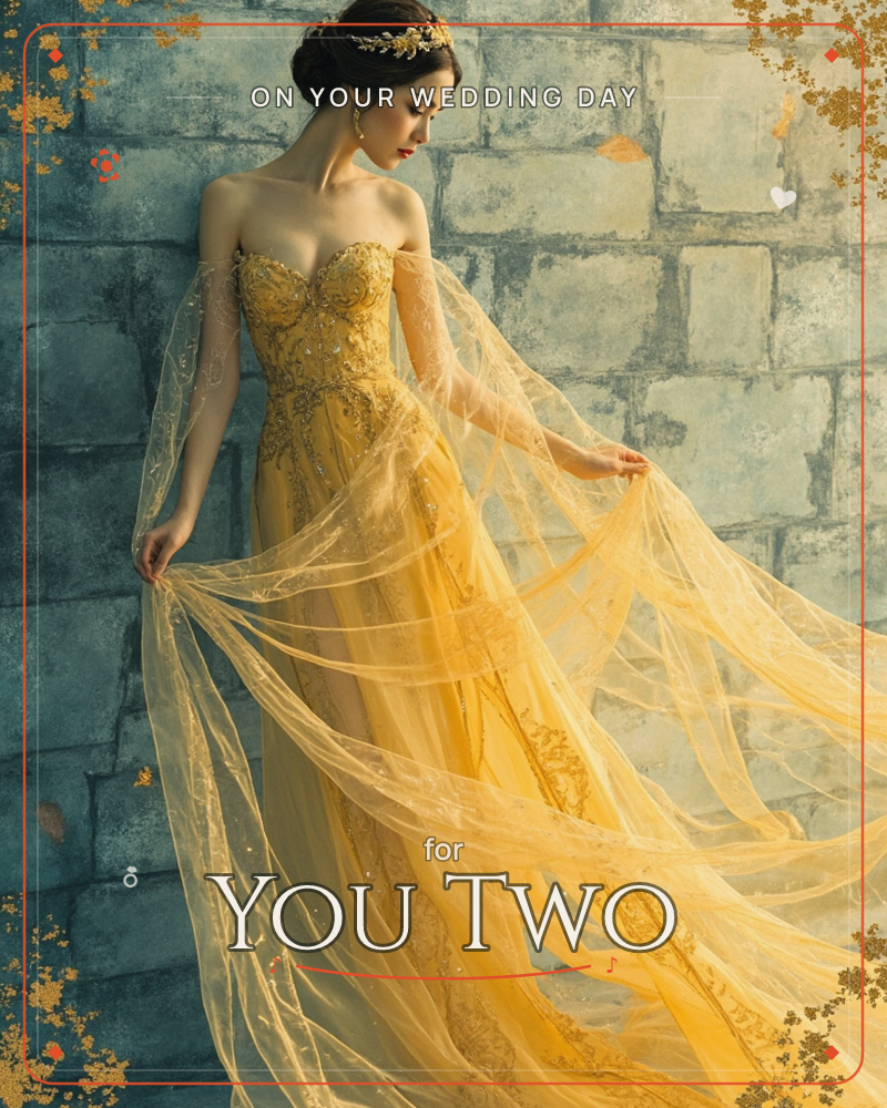 A woman in a golden, jewel-beaded gown leans against a weathered stone wall, gathering handfuls of sheer tulle skirt as it billows outward, a wedding e-card design