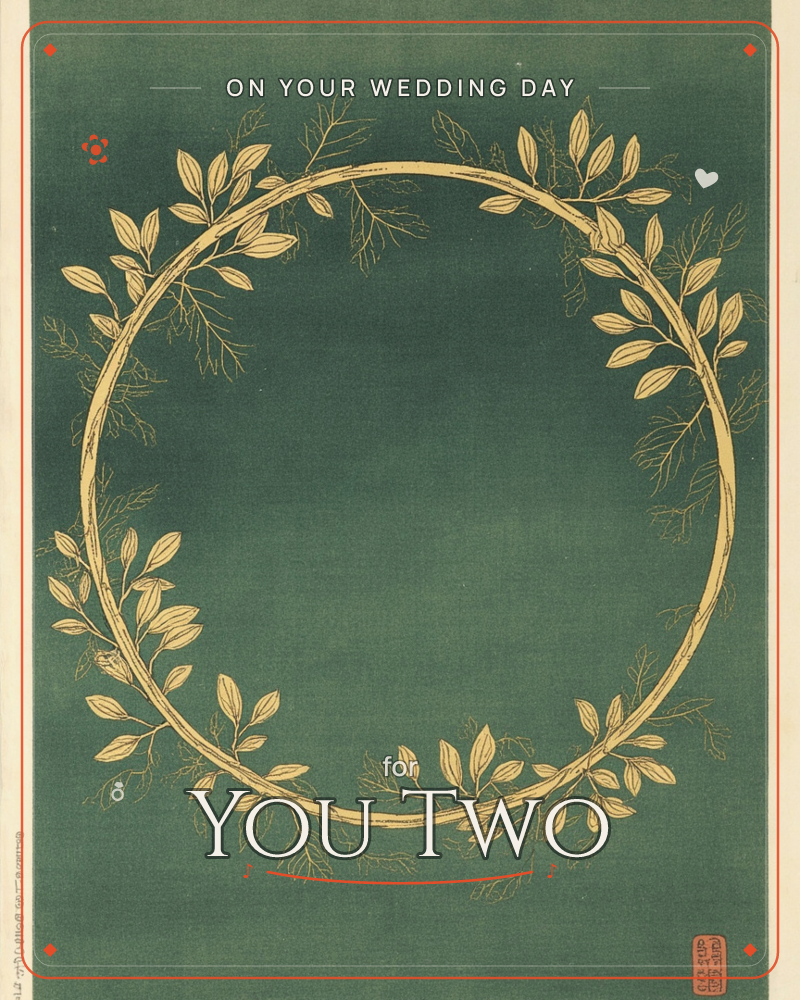 A gilded circular wreath of laurel-like leaves and slender branching twigs sits against a deep, mottled forest-green ground, a wedding e-card design