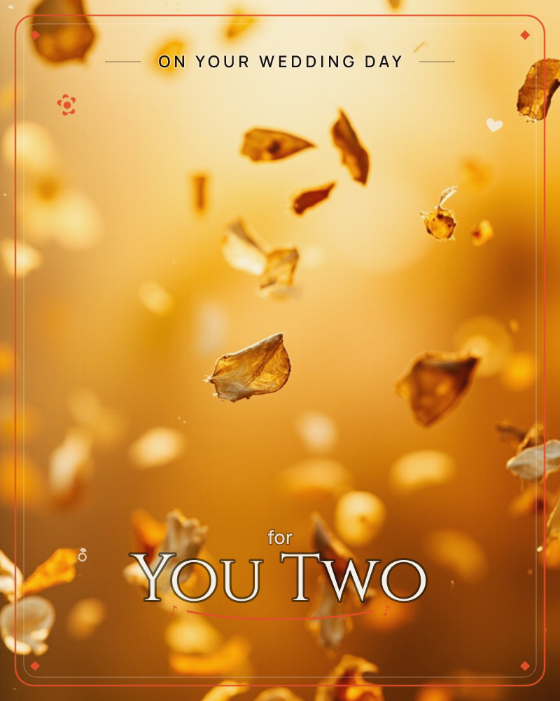 A flurry of dry autumn leaves and petals tumbles through a glowing amber haze, caught mid-air against a warm sunset backdrop, a wedding e-card design