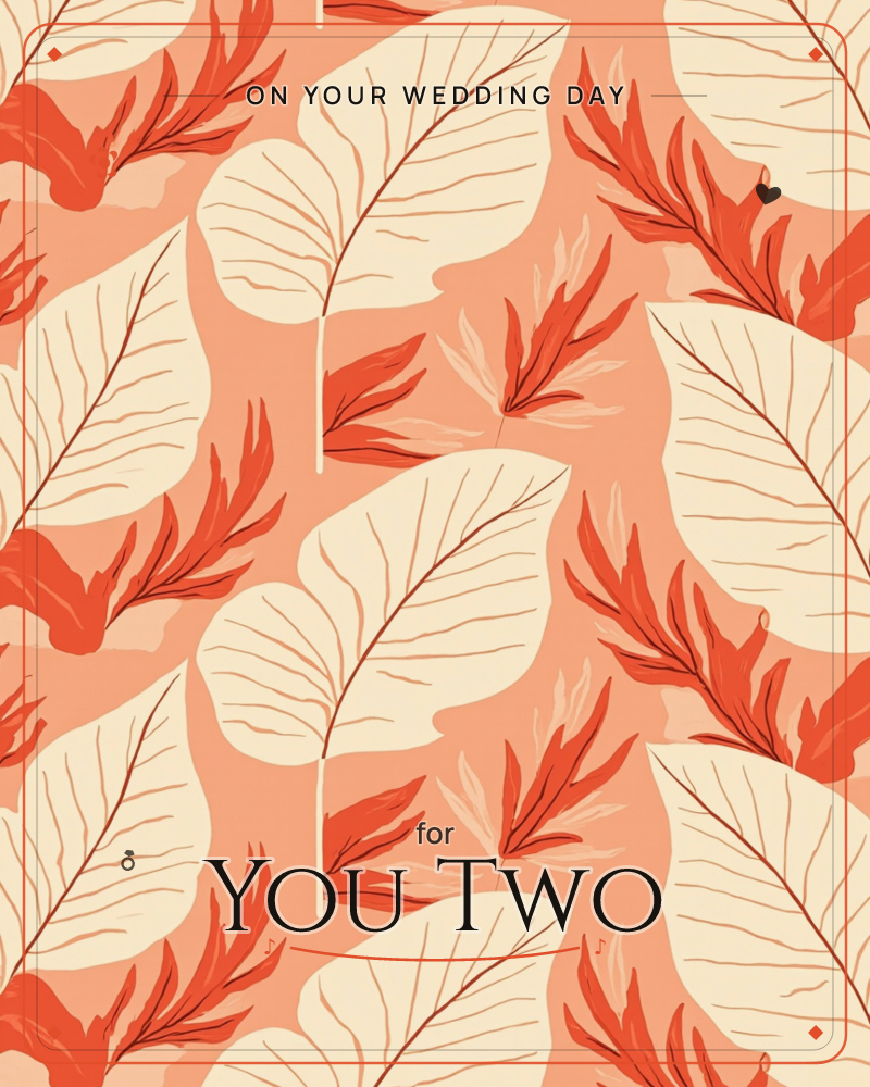 A repeating pattern of large cream-coloured leaves with fine vein lines sits layered over smaller feathery red-orange fronds, all set against a warm…, a wedding e-card design