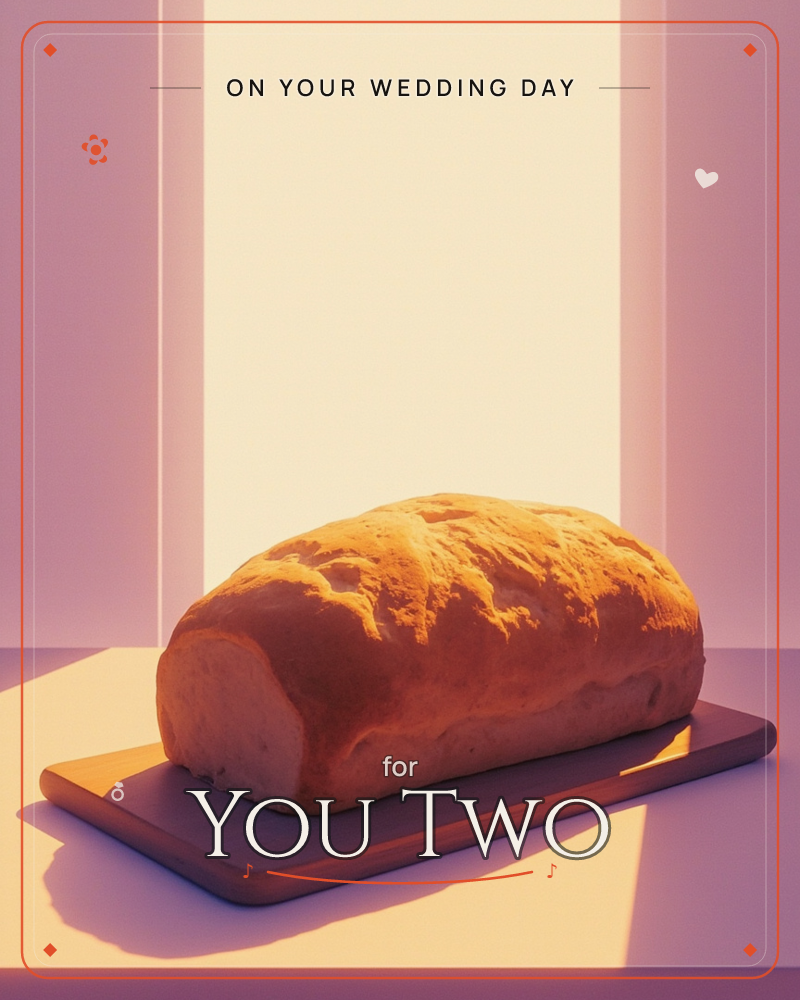 A single golden loaf of bread sits on a dark wooden board, lit by a bright vertical shaft of warm light cutting through a soft pink-lilac backdrop, a wedding e-card design