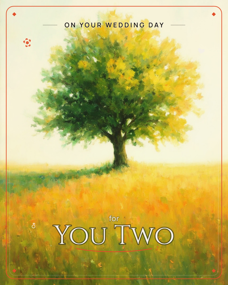 A single broad tree stands alone in an open field, its rounded canopy painted in dabs of green and gold, a wedding e-card design