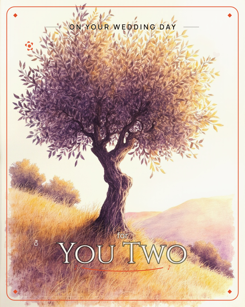 A gnarled old olive tree stands alone on a golden hillside, its twisted trunk rising from tall dry grasses into a full crown of shimmering leaves, a wedding e-card design