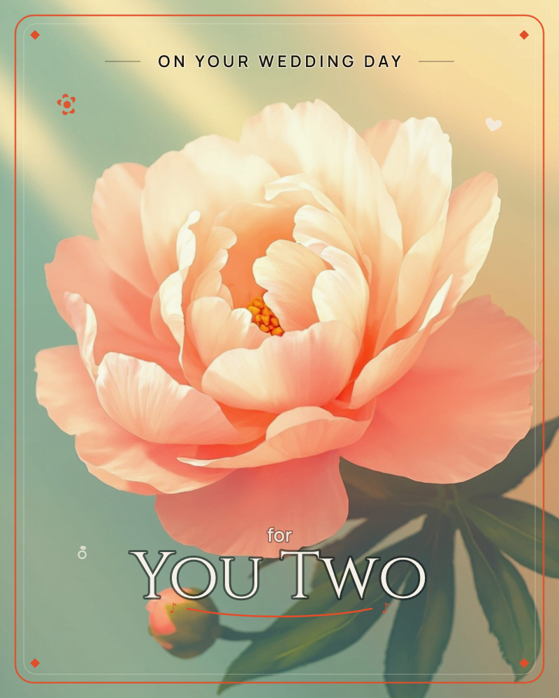 A single peony fills the frame, its layered petals glowing pale pink and cream where warm diagonal light crosses the background, a wedding e-card design