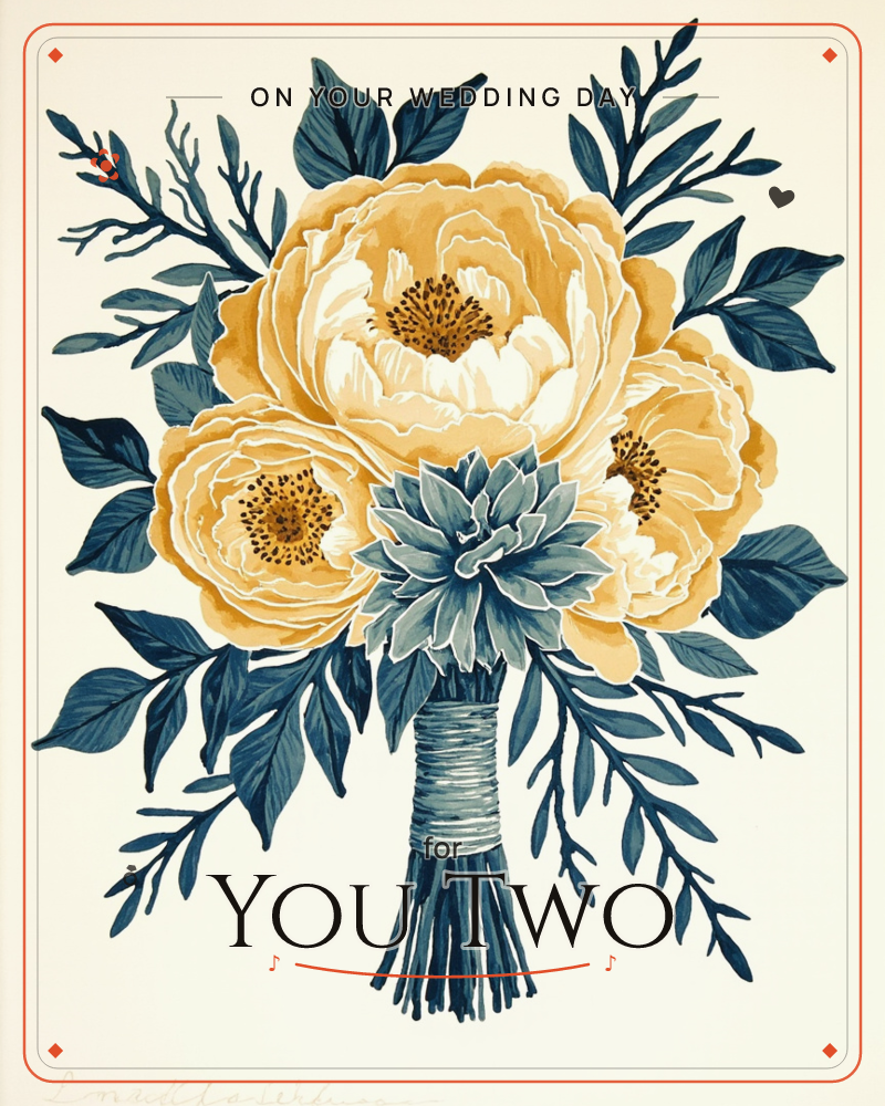 A hand-tied bouquet of three golden-yellow peonies clusters around a single deep teal dahlia, surrounded by dark blue-green leaves and sprigs of foliage, a wedding e-card design