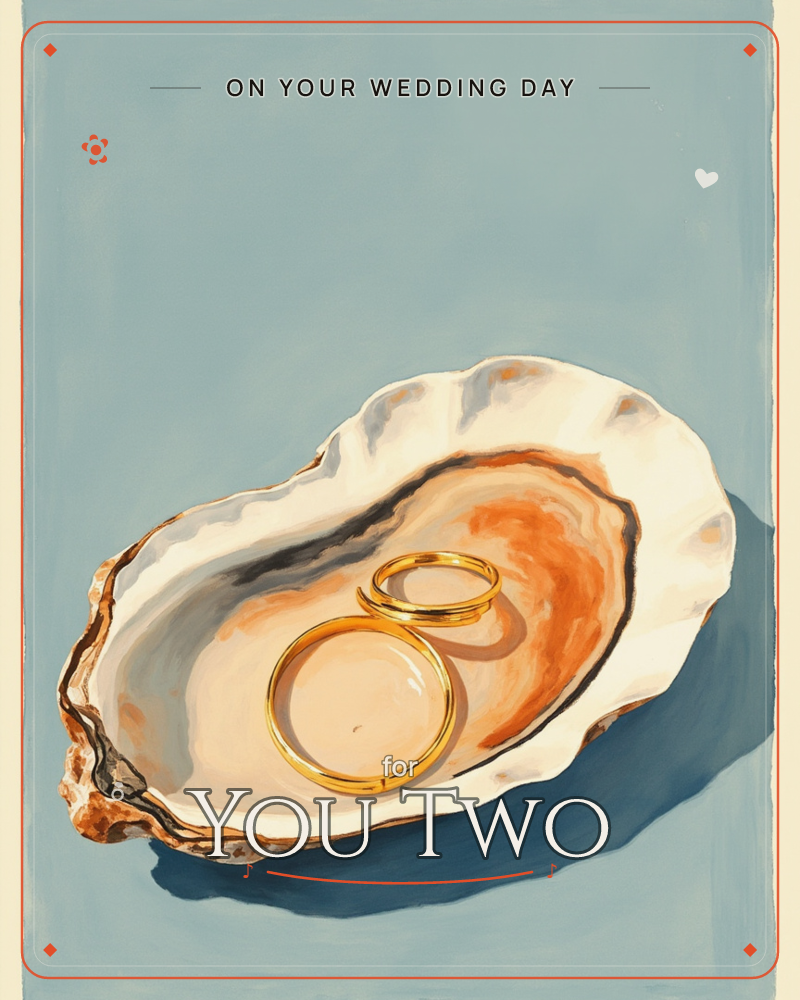 An open oyster shell rests against a flat slate-blue background, its interior swirled with cream, rust-orange, and grey, a wedding e-card design