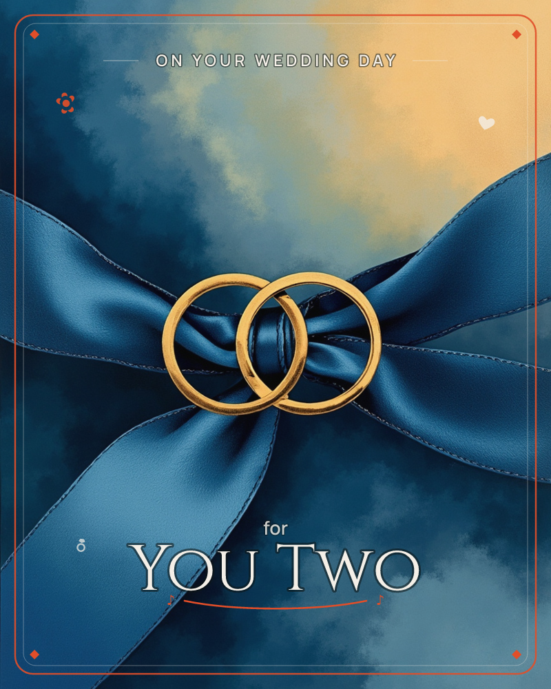 Two interlocking gold rings sit at the centre of a deep blue satin ribbon tied into a bow, set against a moody, cloud-like backdrop lit with a warm…, a wedding e-card design