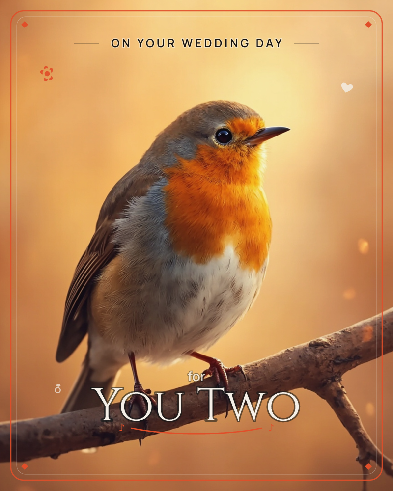 A robin with a bright orange-red breast perches on a bare branch, its round body puffed against the cold, a wedding e-card design
