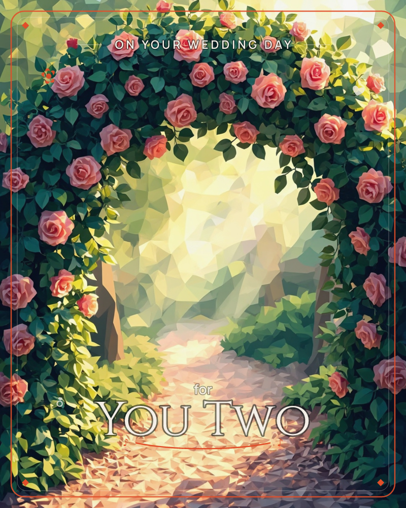 A garden archway is thick with climbing pink roses and deep green leaves, framing a sunlit path that glows gold as it winds off into hazy distance, a wedding e-card design