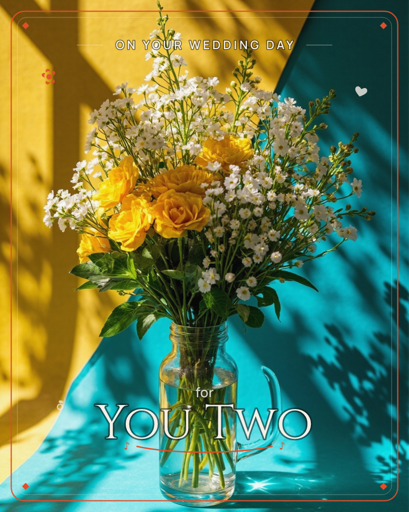 A glass jar with a handle holds a bouquet of golden yellow roses and airy white baby's breath, set against a wall split between mustard yellow and deep…, a wedding e-card design