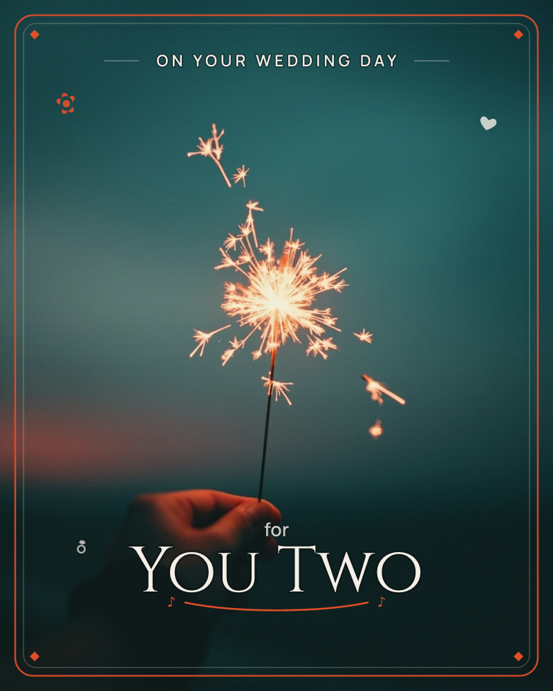 A hand emerges from the shadows at the bottom of the frame, holding a lit sparkler that bursts into a bright starburst of golden light against a deep…, a wedding e-card design