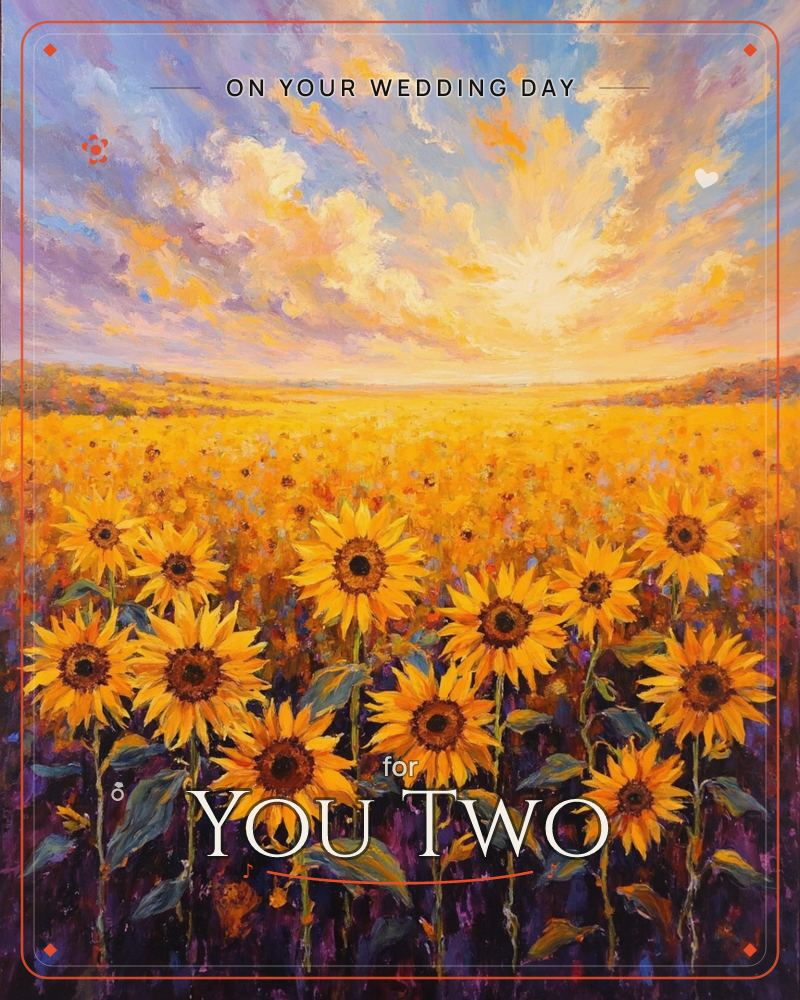 A field of sunflowers stretches to the horizon under a blazing sunset sky, their golden heads turned toward a burst of light breaking through swirling…, a wedding e-card design