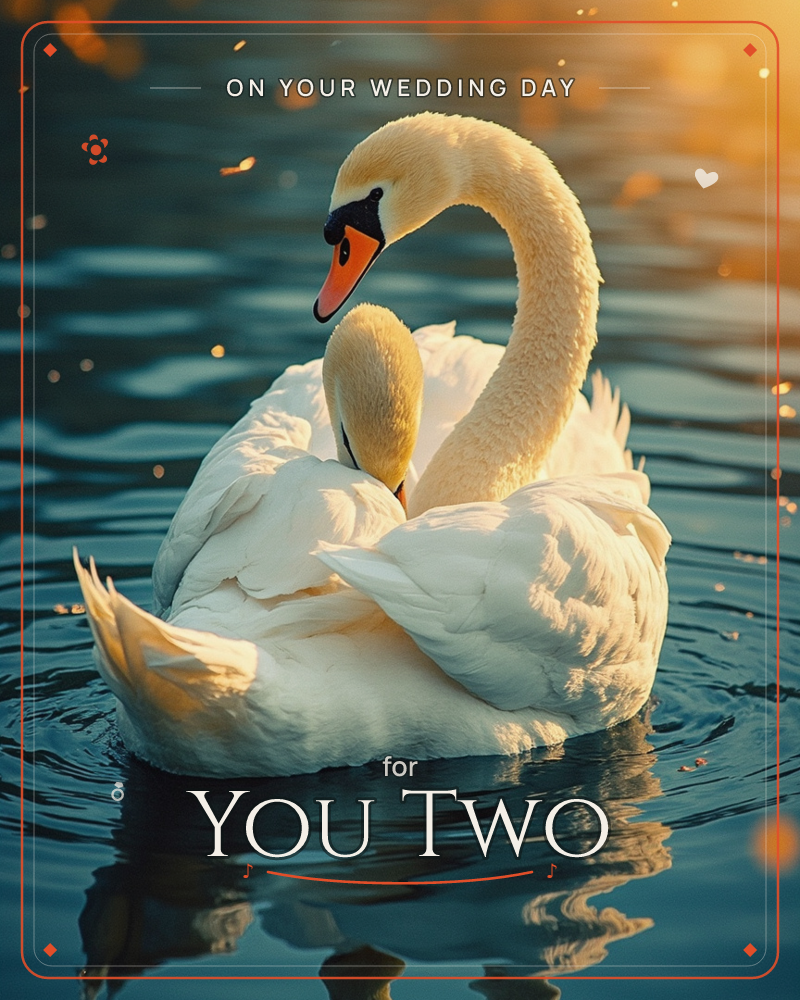 Two swans rest close together on dark, glassy water, their necks curved into a soft heart shape as golden evening light catches their feathers, a wedding e-card design
