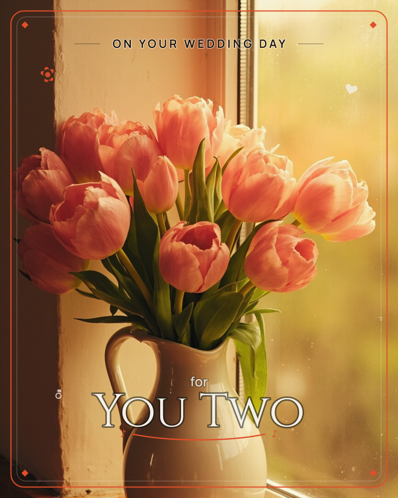 A cream ceramic pitcher overflows with pink tulips, set on a sunlit windowsill, a wedding e-card design