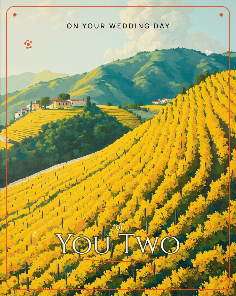 Rolling vineyard hills glow in golden-yellow autumn foliage, their rows curving over the landscape toward a cluster of red-roofed farmhouses, a wedding e-card design