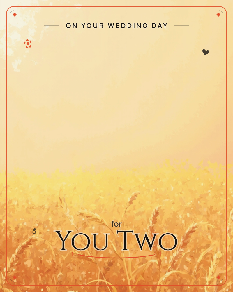 A golden wheat field stretches under a hazy, glowing sky, its heavy stalks catching warm late-day light, a wedding e-card design