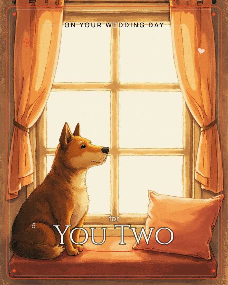 A dog with pricked ears sits on a cushioned window seat, gazing up through a sunlit four-pane window framed by soft peach curtains, a wedding e-card design